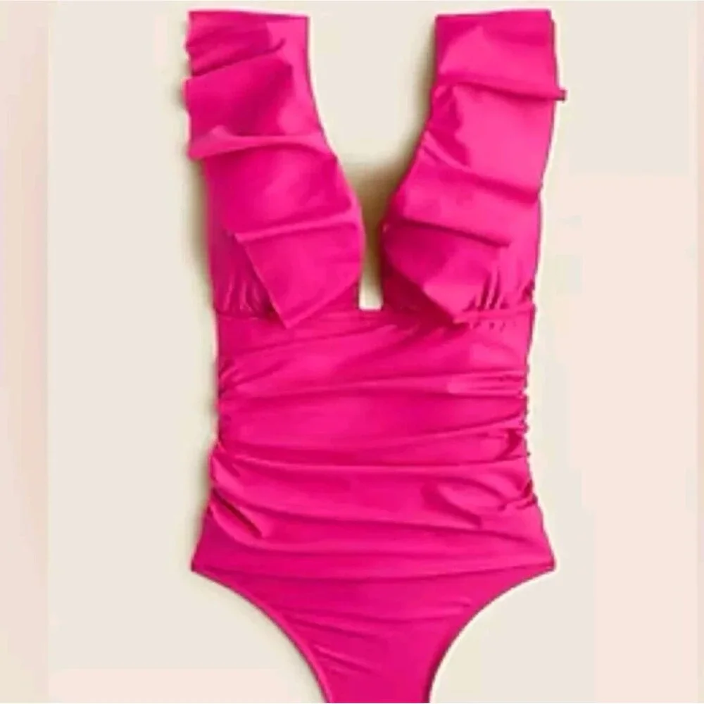 J.Crew Women’s Ruched Ruffle One-Piece Swimsuit Size 2 In Radiant Fuchsia New